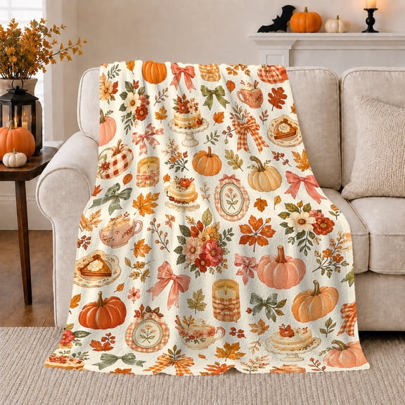Autumn Harvest Pumpkin Leaf Watercolor, Playful Food Art Scene, Warm Flannel Blanket for Living Room and Reading Nook, Art Lovers Thanksgiving Gift, Playful Home Decor
