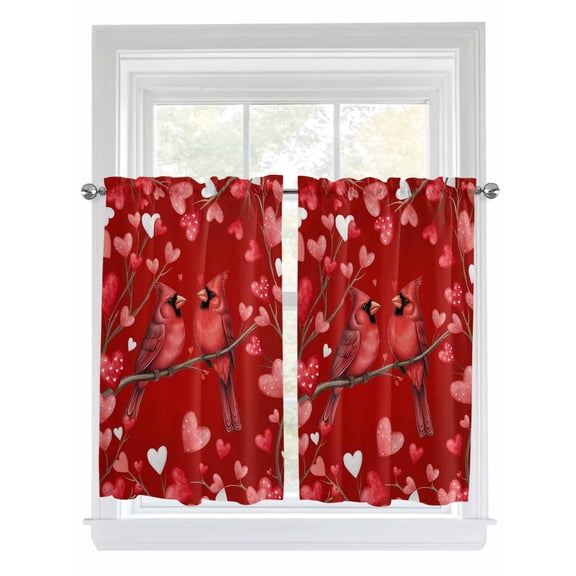 Valentine's Cardinal Bathroom Window Curtain, Red Love Heart Birds Branch Light Filtering Coffee Kitchen Curtains, Bedroom Living Room Curtains 2 Panel 84"x45"