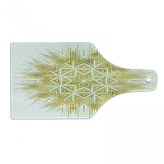Mandala Cutting Board, Geometric Elements Vintage Vivid Motif Oriental Style, Decorative Tempered Glass Cutting and Serving Board, Wine Bottle Shape, Yellow and White, by Ambesonne