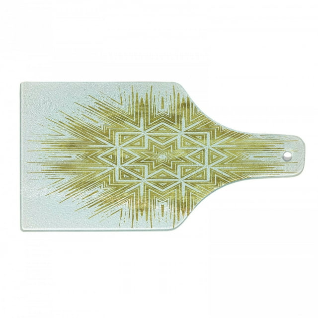 Mandala Cutting Board, Geometric Elements Vintage Vivid Motif Oriental Style, Decorative Tempered Glass Cutting and Serving Board, Wine Bottle Shape, Yellow and White, by Ambesonne