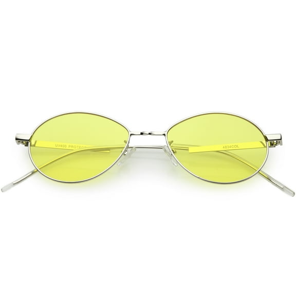 Oval Sunglasses Slim Metal Arms Color Tinted Flat Lens 51mm (Silver / Yellow)