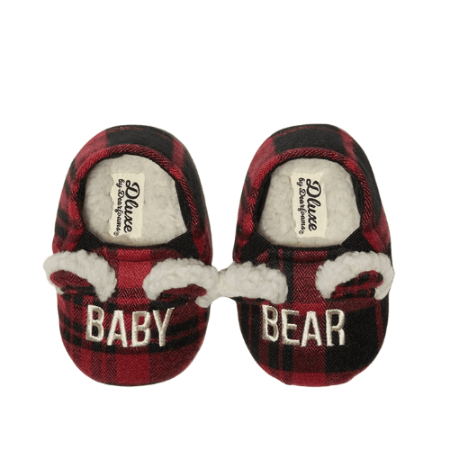 Dearfoams Cozy Baby Bear Black & Red Plaid Closed Back Slippers Size 9/12