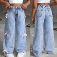 thumbnail image 2 of KAUOD Jeans for Girls Baggy Wide Leg Cute Bow High Elastic Waisted Denim Pants Y2K Skater Streetwear Straight Trousers, 2 of 9
