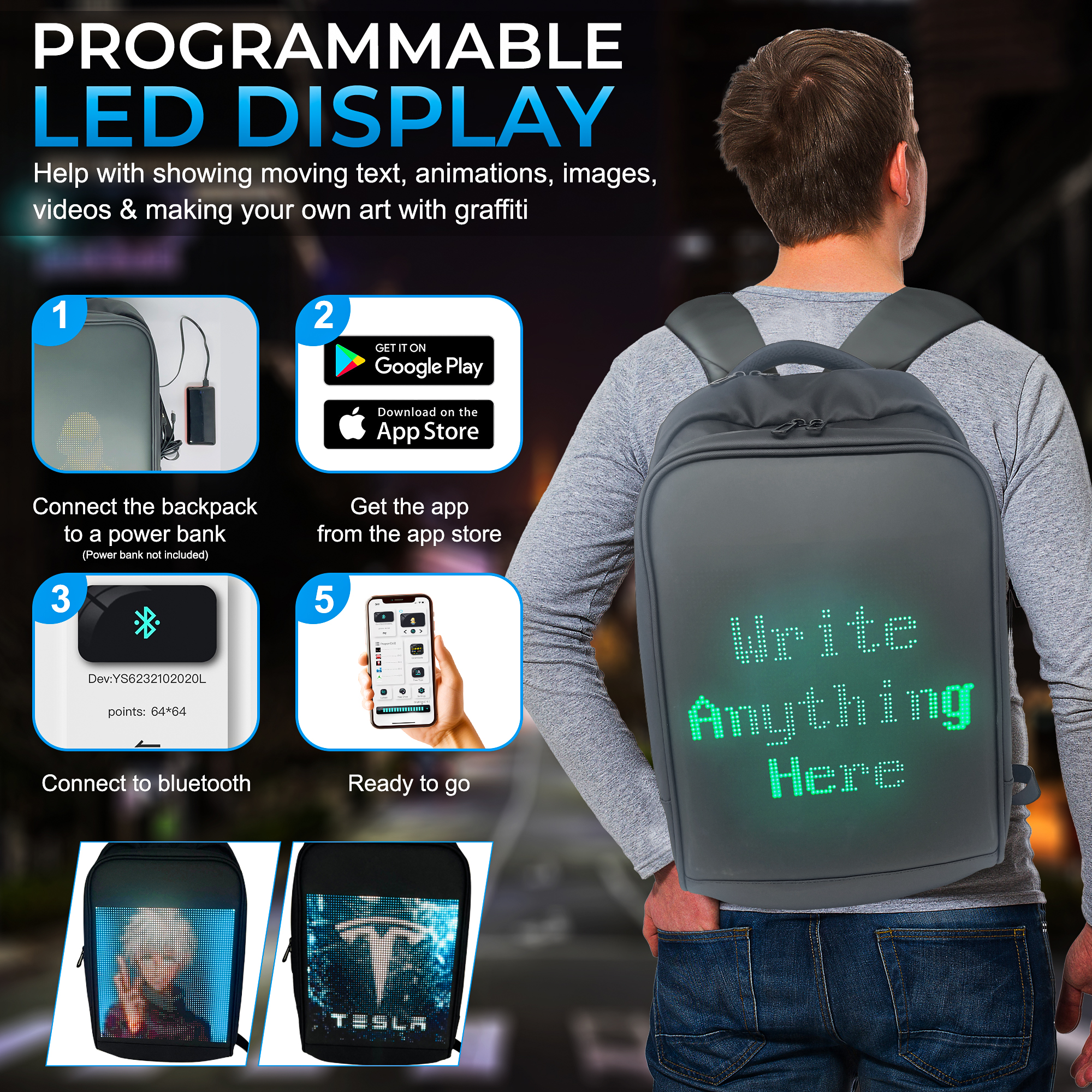 VOLTEFY Led Backpack with Programmable Screen,Motorcycle Backpack with LED Screen, Laptop Backpack, College Backpack, Work Backpack for Men,  LED bags, Flight approved Carry-on backpack