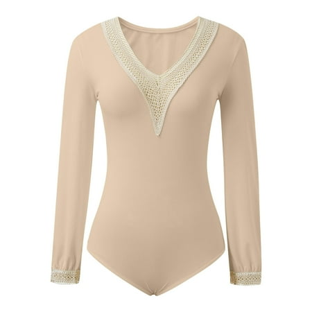 Bathing Suit for Women V-Neck Tummy Control One Piece Womens Lace V Neck Bodysuits Long Sleeve Solid Color Jumpsuits Swimsuit Fashionable Swimwear 2025 Khaki
