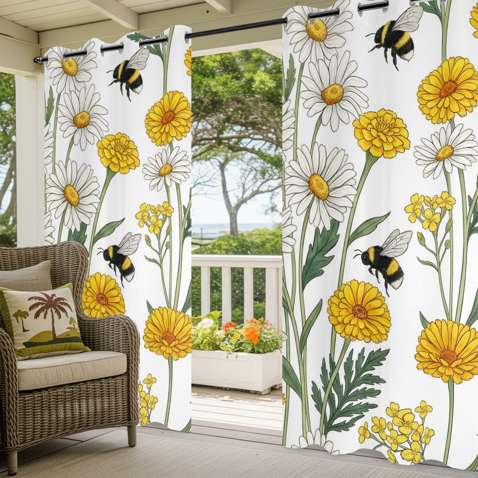 Summer Daisy Outdoor Curtains for Patio, White Yellow Flower Bee Pastoral Floral Leaves Sunshade Privacy Drapes Grommet Waterproof Outside Curtains for Porch/Cabana/Balcony 54"x 108", 1 Panel