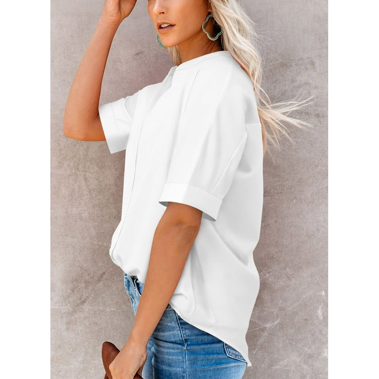 ONLYSHE Summer Button Down Shirt For Women Casual Loose Tops Blouse Roll Up  Cuffed Sleeve Shirts With Pockets