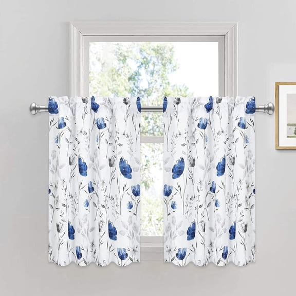 Tier Curtains, Blue Flower Watercolor Kitchen Curtains, Blue Gray Floral Rod Pocket Window Treatment Tier Pair for Kitchen Bathroom RV Basement Laundry, Set 2, 26 Inch Wide 24 Inch Long