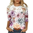 thumbnail image 2 of ESSSUT Hauts pour Femmes Liquidation Tendances T-Shirt Imprimé Ample Manches 3/4 Blouse Col Rond Hauts Décontractés Violet S, 2 of 4