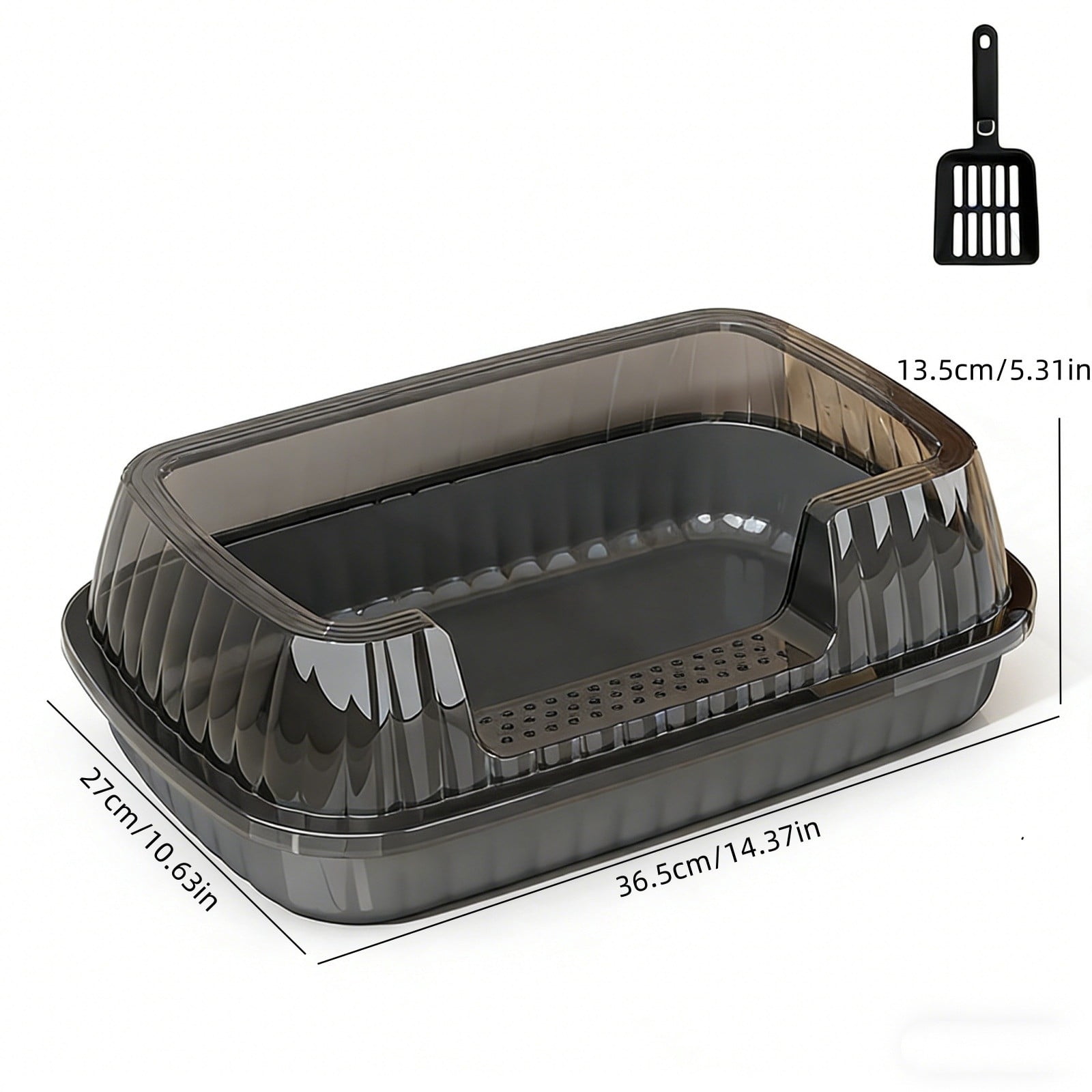 Dark Grey Semi Enclosed Cat Litter Box With Top Entry Lid High Sides Includes Scoop Odor Control Easy Clean 14X11X5 Inch Multiple Colors