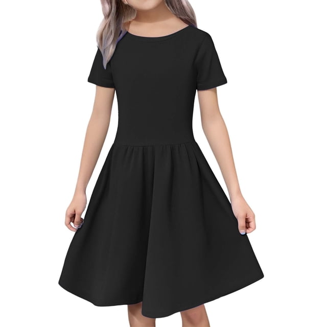 XIMIN Robe d'Été Décontractée pour Filles à Manches Courtes, Col Rond, Ligne A, Fluide, Midi, Robe Soleil pour l'École, Fête, Plage, Vacances, Usage Quotidien (Noir, 9-10 Ans)