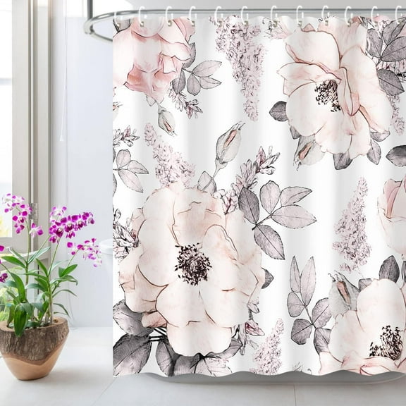 Pink Gray Flower Shower Curtain, Watercolor Floral Shower Curtains with Hooks White Grey Fabric Blossom Bathroom Decor Machine Washable, 72" W x 84" H