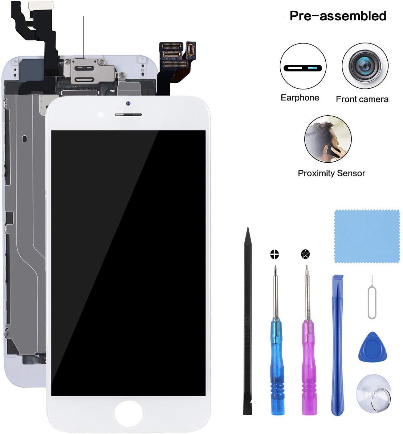 Black Facing Proximity Sensor Ear Speaker Pre-Assembled for iPhone 6 Screen Replacement with Home Button 4.7 Inch LCD Touch Digitizer Display with Front Camera Repair Tools A1549 A1586 A1589 