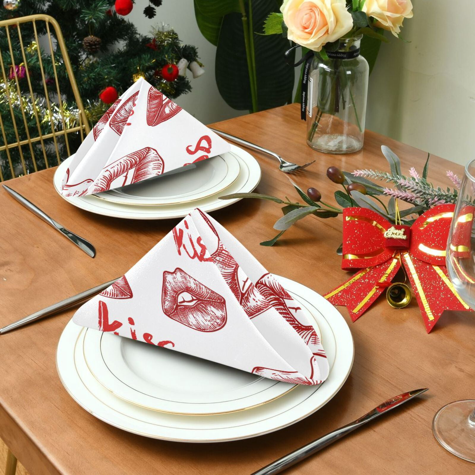 JSTEL Kiss Red Lips Cloth Napkins Set of 6, 20x20 Inch Washable and Reusable Napkin for Decoupage Dinner Party Everyday Use