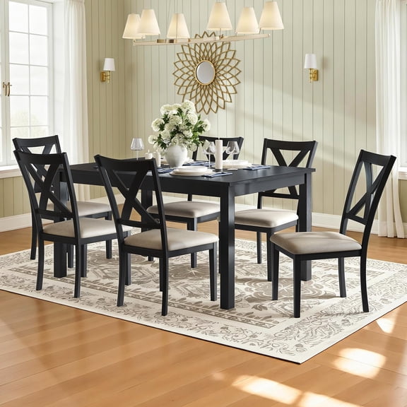 Merluxy 7-Piece Solid Wood Dining Table Set, 60" Farmhouse Dining Table with 6 Chairs, Dining Table Set for 6, Kitchen & Dining Room, Black
