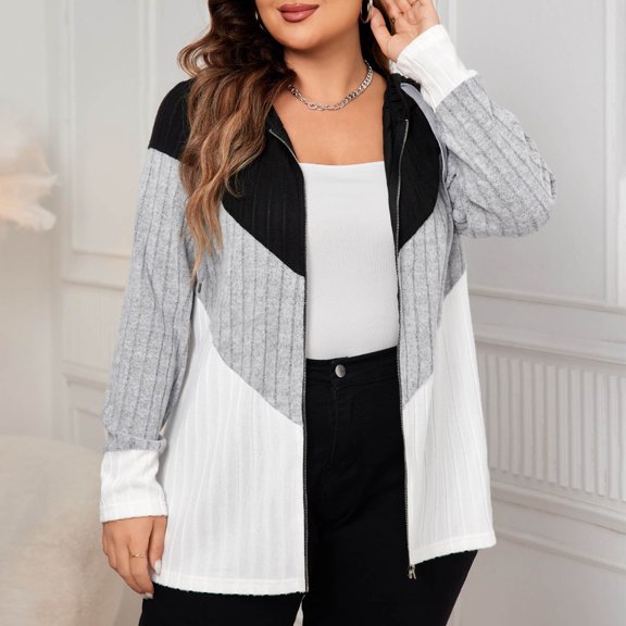 Frostluinai Womens Plus Size Ribbed Knit Hoodies Long Sleeve Full Zip Cardigans Fashion Color Block Jacket Coats Casual Loose Cardigans