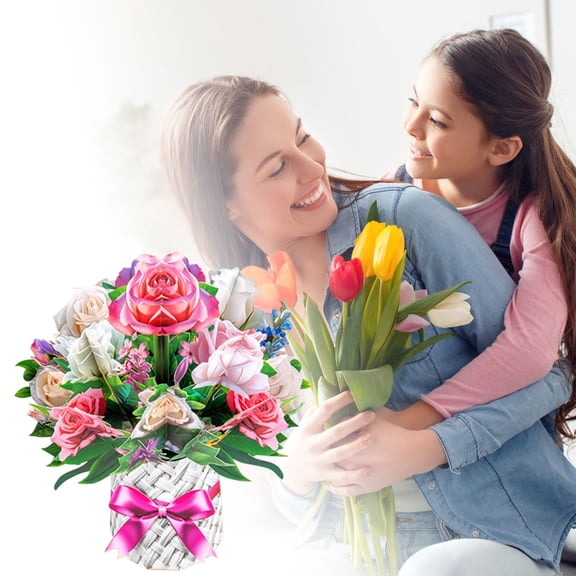 LKZQHMC 3D Greeting Cards Pop Up Cards 13.8" Rose Paper Flower Bouquet Gifts for Women Mom Wife Birthday,Anniversary,Get Well Cards with Note Card & Envelope,Romantic Rose,Pink White Rose