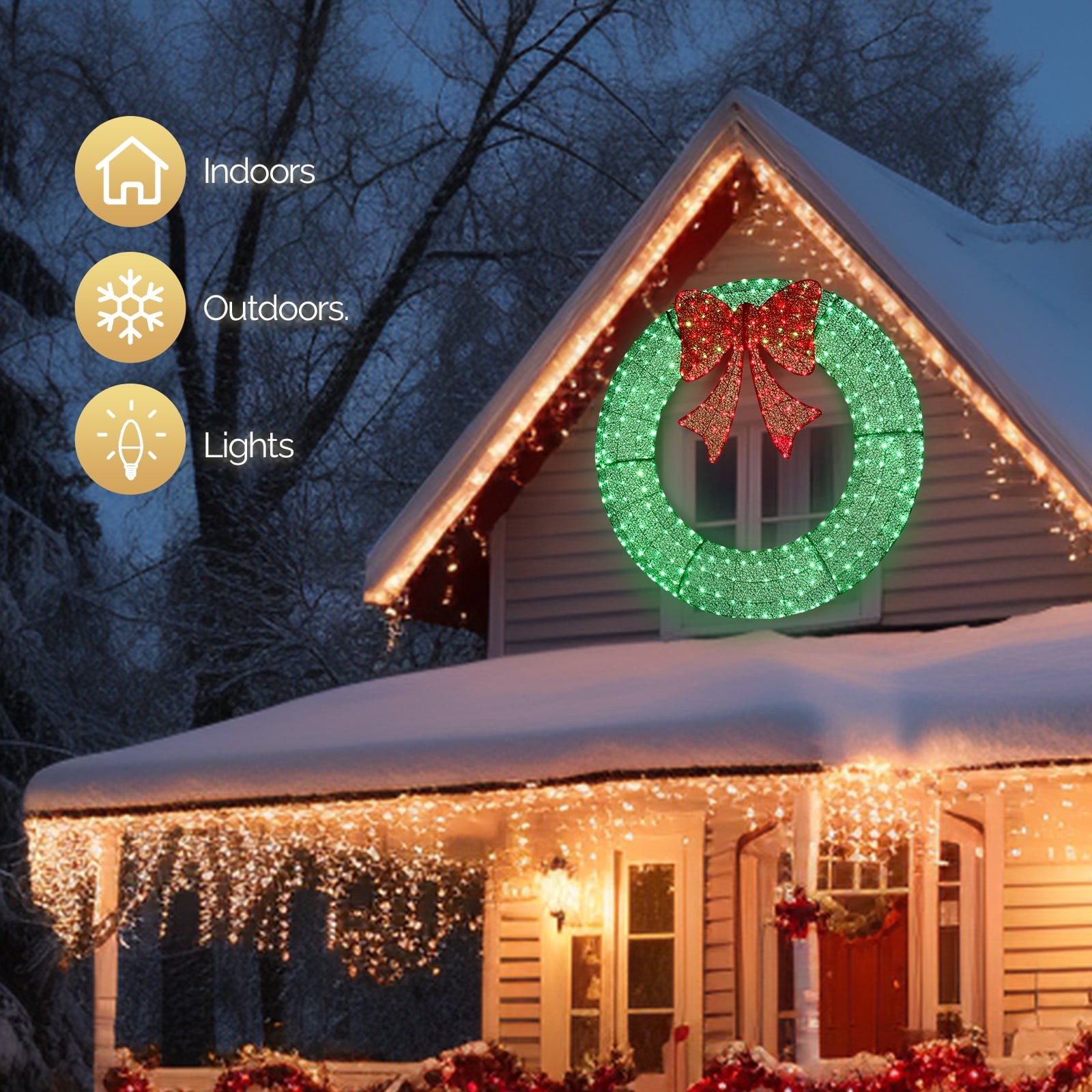 Astoutdoor 60 in Pre-Lit Outdoor Christmas Wreath Decoration with 400 Warm White LED Lights, Red Bow, Green, Metal Frame