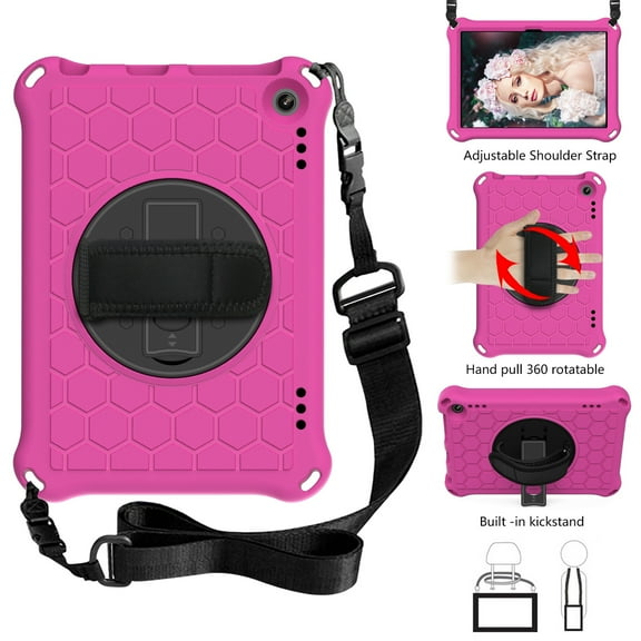 Dteck Case Compatible with All-New Kindle Fire HD 8 Tablet and Fire HD 8 Plus Tablet (10th Generation, 2020 Release) with Adjustable Shoulder Strap, 360 Rotating Kickstand Shockproof Case, Rose