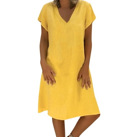 JIAMERY Womens Casual Mini Dresses Loose V-Neck Summer Short Sleeve Cotton And Linen Shirts Short Dress for Women