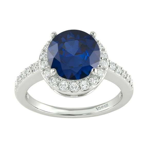 V3 Jewelry® 925 Sterling Silver with Blue Sapphire and White Topaz Halo Ring for Women