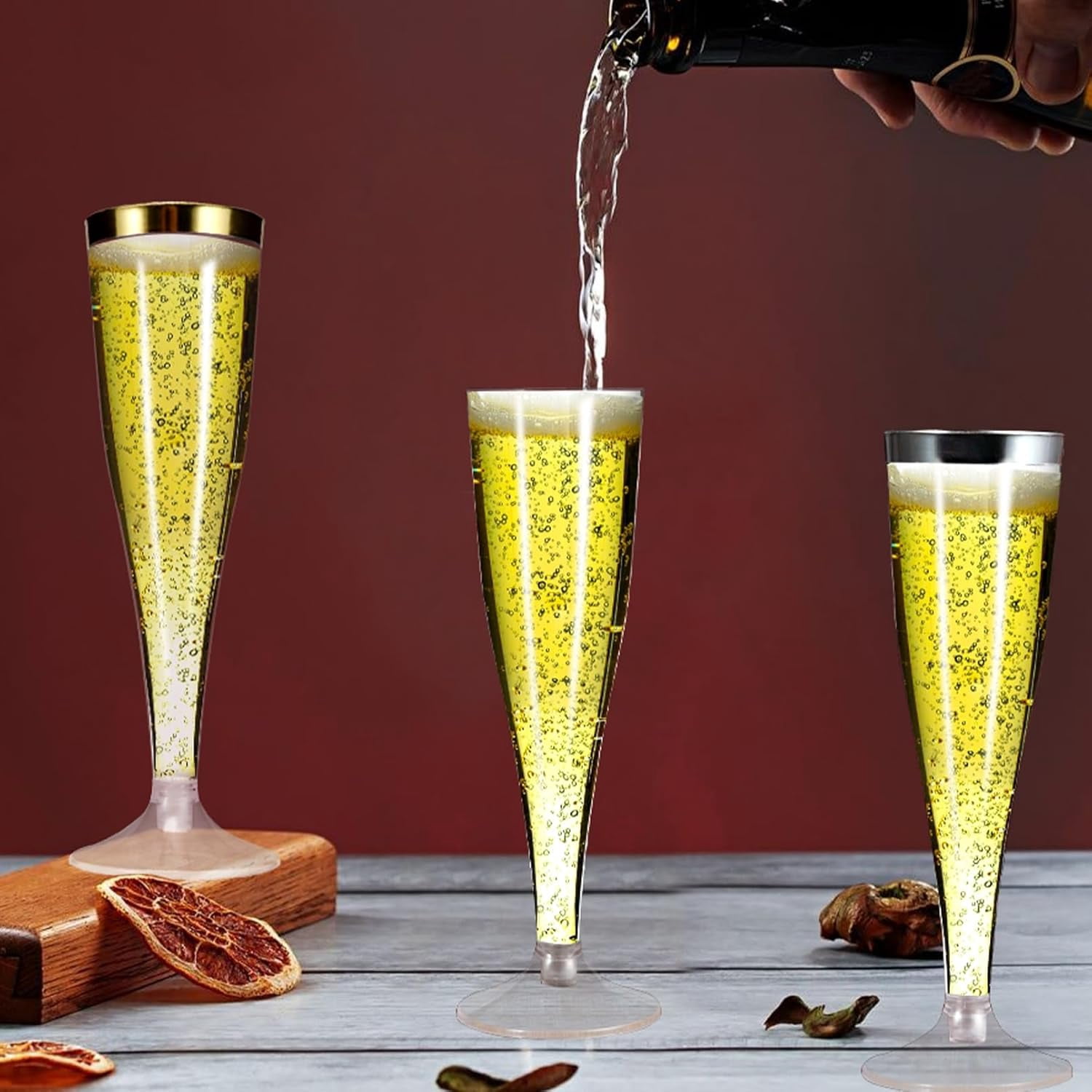 100 Pack Plastic Champagne Flutes,4.5 oz Gold Rim Plastic Champagne Glasses,Clear Disposable Champagne Flute,Disposable Toasting Glasses for Parties, Weddings