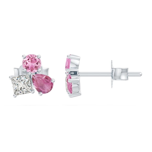 ANGARA Multi-Shape Natural Pink Tourmaline, Rose Quartz and Lab Diamond Stud Earrings in 14K White Gold For Women | Birthday, Anniversary, Wedding Jewellery Gift for Women | Three Stone Stud Earrings