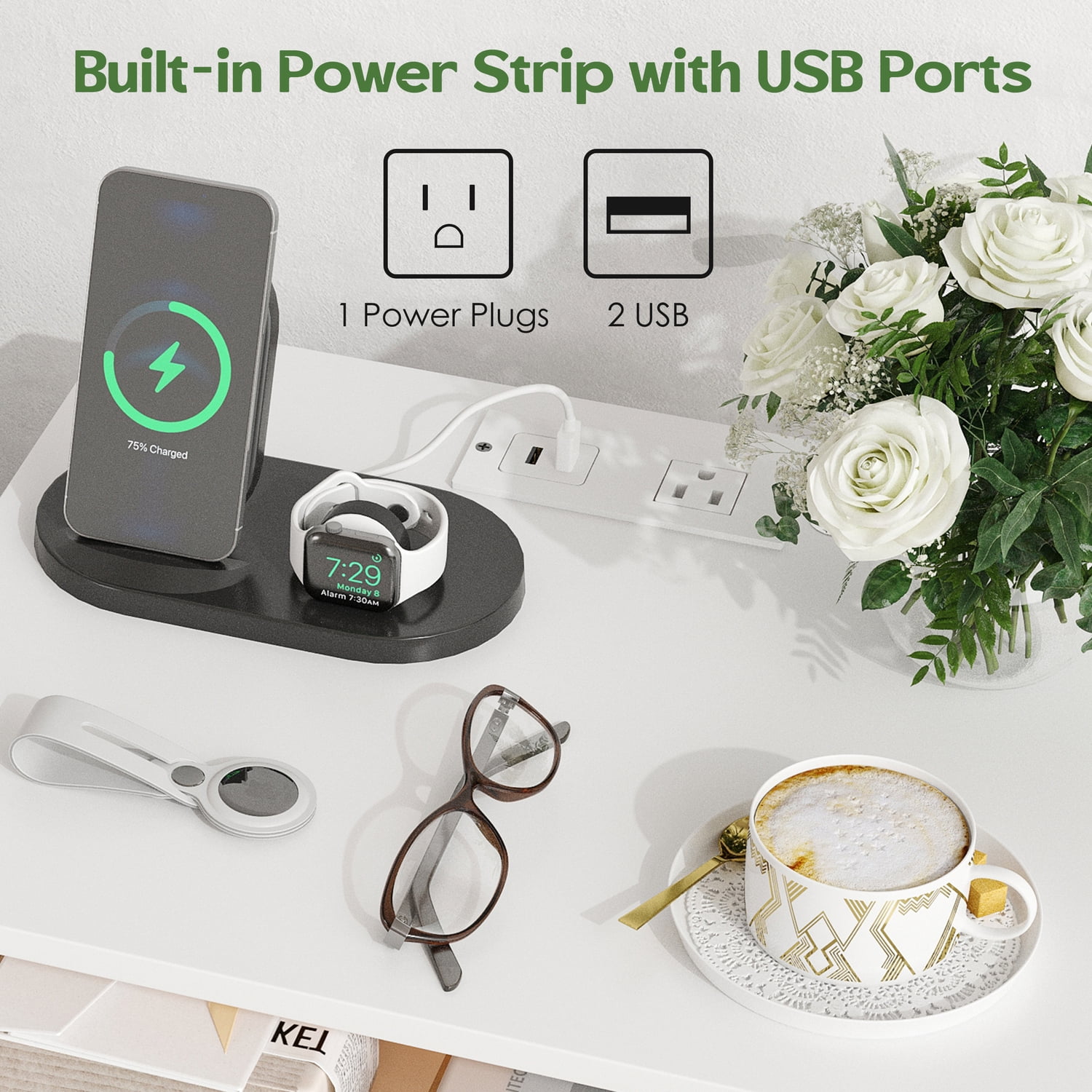 Someet Modern Nightstand with 2 Drawers, 2 USB Ports & Outlets, Nightstand for Bedroom, White