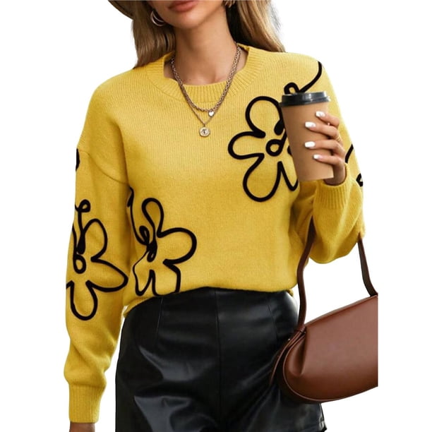 Suéteres de Punto con Hombros Descubiertos para Mujer, Suéter de Otoño con Flores, Cuello Redondo, Larga y Estilo Moderno. Amarillo L