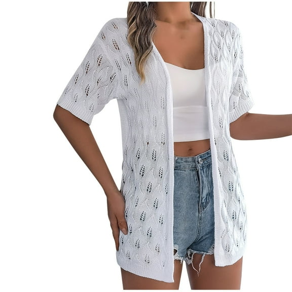XuJwPNcy Women's Crochet Open Front Cardigan Half Sleeve Soft Oversized Knitted Sweater Outerwear Cover up Coat