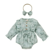 Binpure Girls Floral Print O-Neck Long Sleeve Baby Romper with Hairband