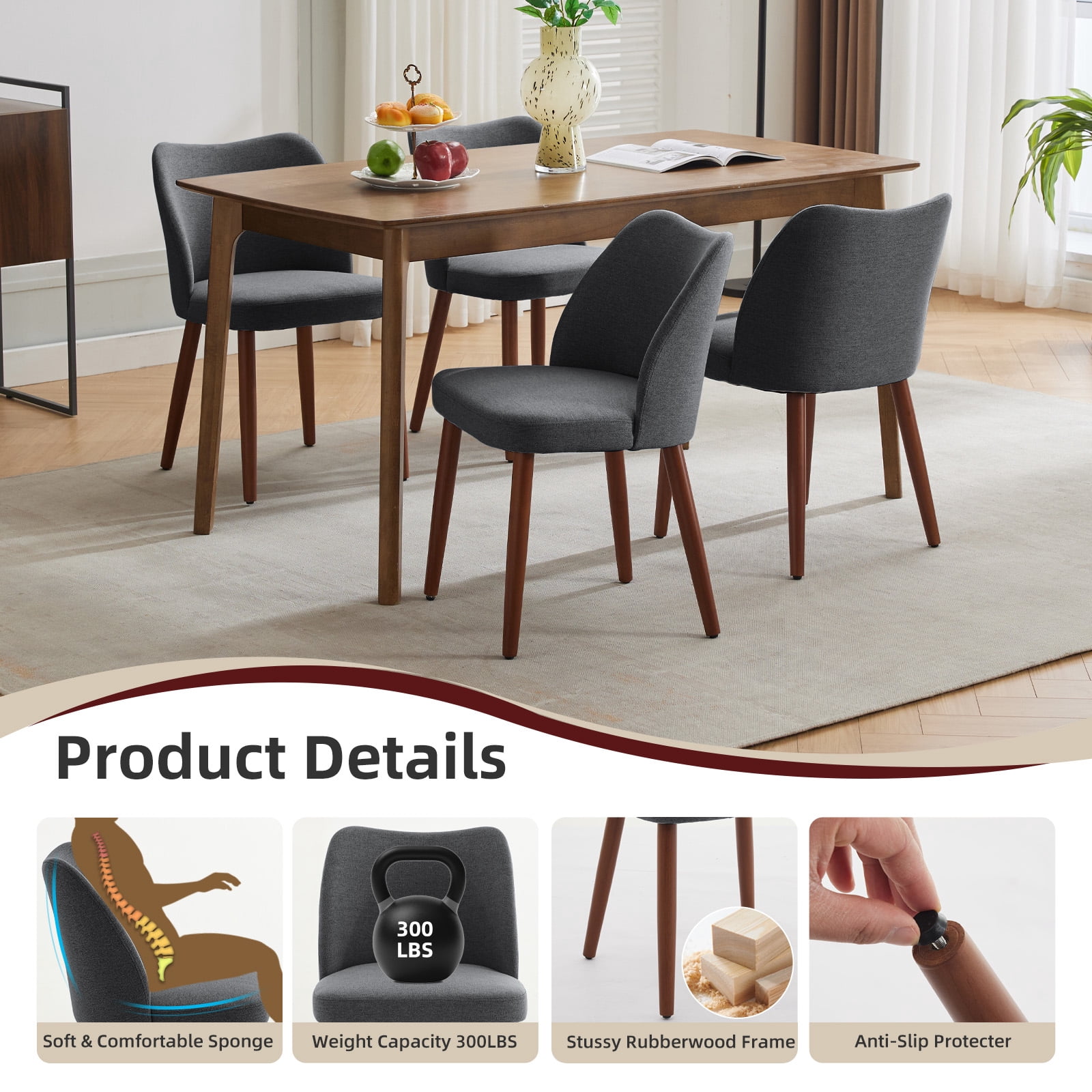 OUTGOODS Set of 2 Modern Dining Chairs, Linen Upholstered, Wood Legs