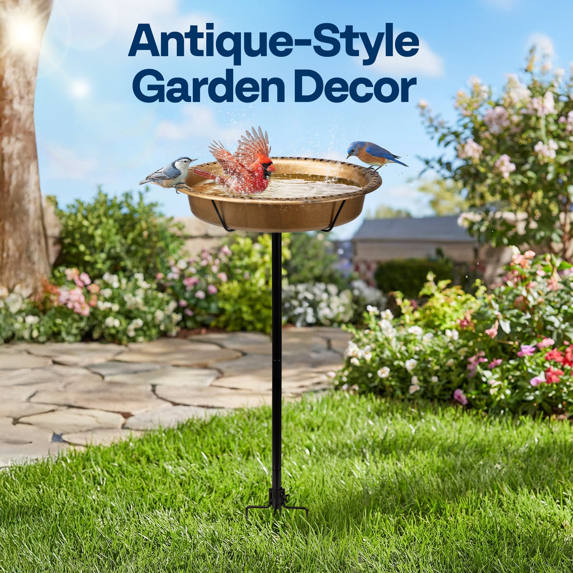 SPECSTAR Oval Bird Bath for Outside, Outdoor Birdbath Bowl with Metal Ground Stake, Weather-Resistant ABS Bird Bath and Feeder for Garden, 1.3 Gallons, Copper