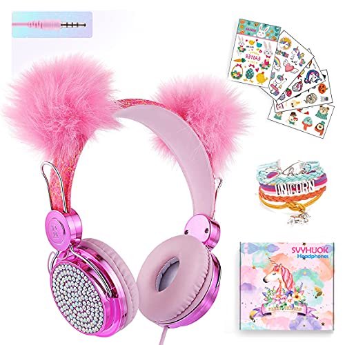 Auriculares con micrófono SVYHUOK Unicornio Rosa Pompoms para niñas