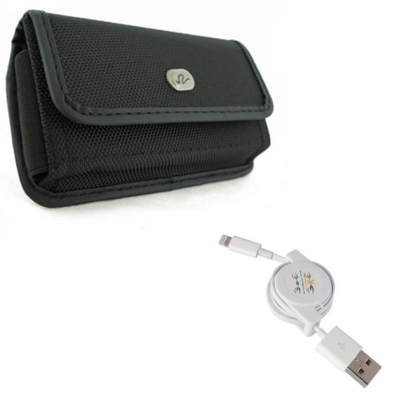 Case Belt Clip w USB Cable for iPhone XS/X - Rugged Holster Canvas Cover Pouch, Retractable Charger Power Cord Sync for iPhone XS/X