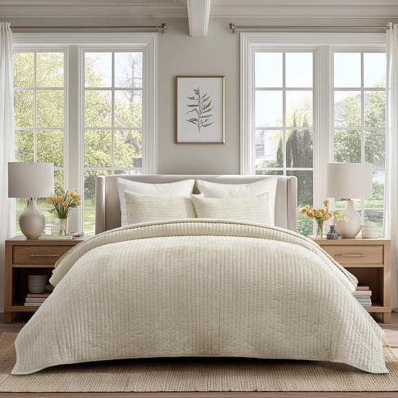 Beige Full/Queen (90" X 92") Striped Quilt Set Bedding Coverlet with Shams