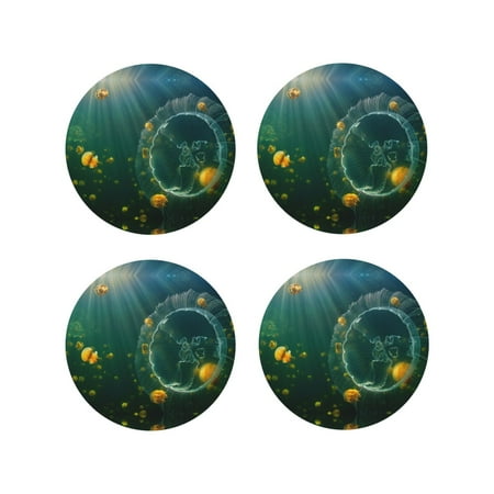 

Coasters Set of 4 - Jelly Fish Drink Coasters for Tabletop Protection Leather Coasters for Living Room Decor and Housewarming Gift Round Shape