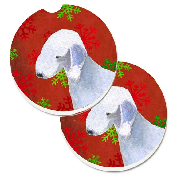 Bedlington Terrier Red and Green Snowflakes Holiday Christmas Set of 2 Cup Holder Car Coasters