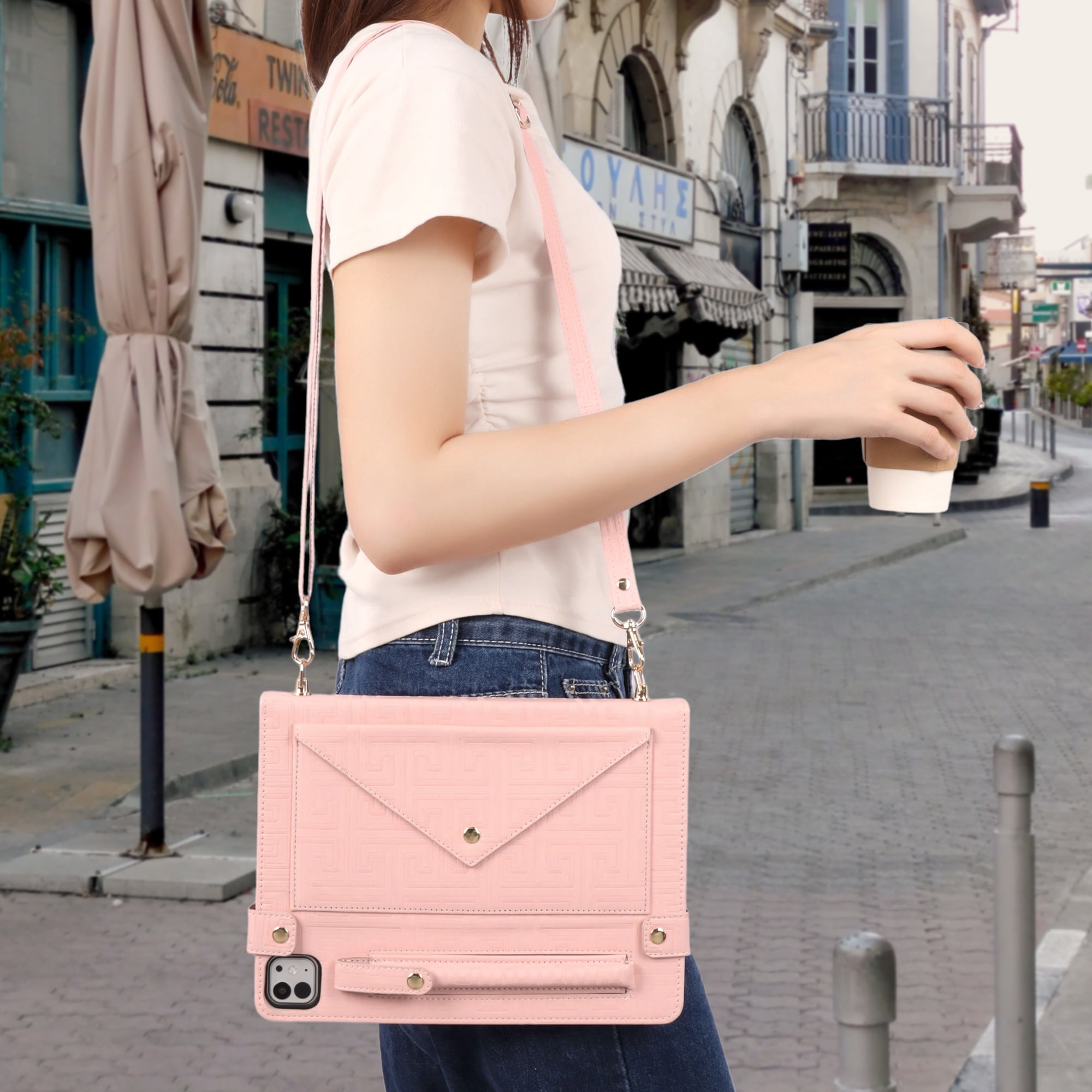 Dteck for iPad Pro 13 Inch Case M4 (2024), Portfolio Case Shoulder Bag for iPad Pro 13, PU Leather Business iPad Case with Pencil Holder Envelope Pocket Hand Strap Holder, Retro Pink