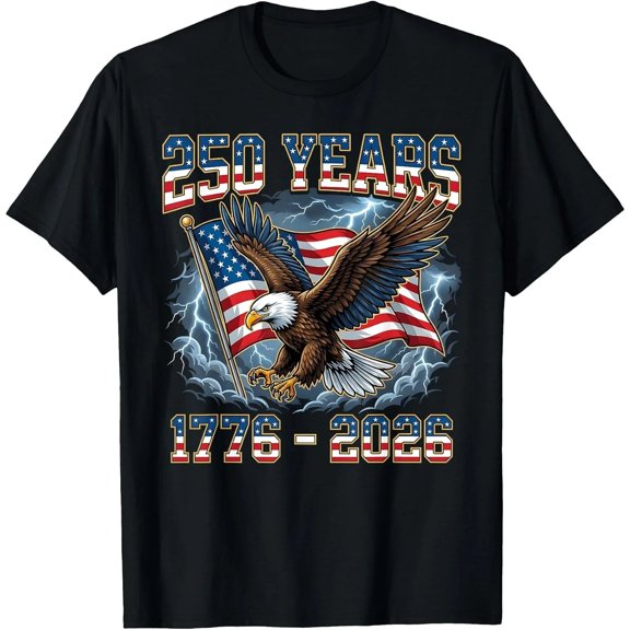 250 Years 1776‑2026 Bald Eagle American Flag Patriotic Shirt, Black S‑5XL 100% Cotton Short‑Sleeve Crew‑neck Graphic T‑Shirt For Men