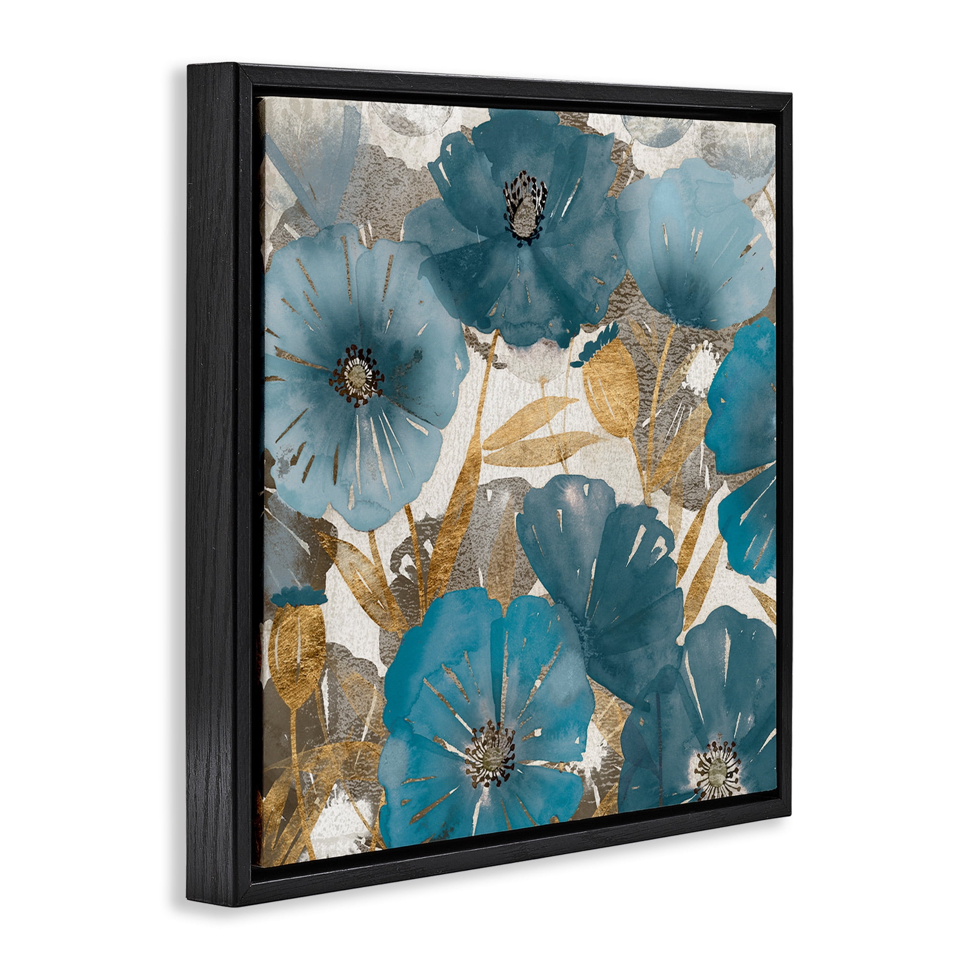 Stupell Industries Elegant Blue Florals Abstract Botanical & Floral Painting Black Floater Framed Canvas Art Print Wall Art, 25 x 25