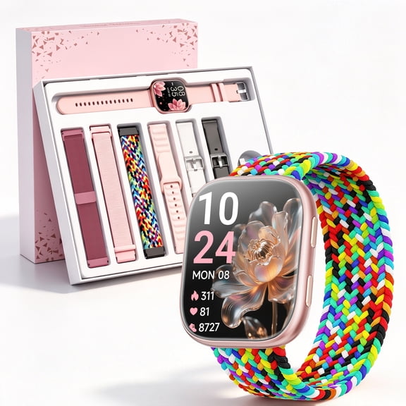 Mingdaln 7 Bands Gift Set Smart Watches Fits for Android iPhone , [1.85" AMOLED Screen] Smartwatch for women，Fitness Tracker Ip68 Waterproof with Bluetooth Calls, AI Control, 7 Days Battery，Pink