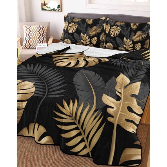 Black Golden Palm Leaf Queen Size Down Alternative Comforter, Lightweight Comforter Quilt Bedding Set with Pillow Shams Tropical Plant Modern Luxury All Seasons Bed Comforter Duvet Insert 90"x96"