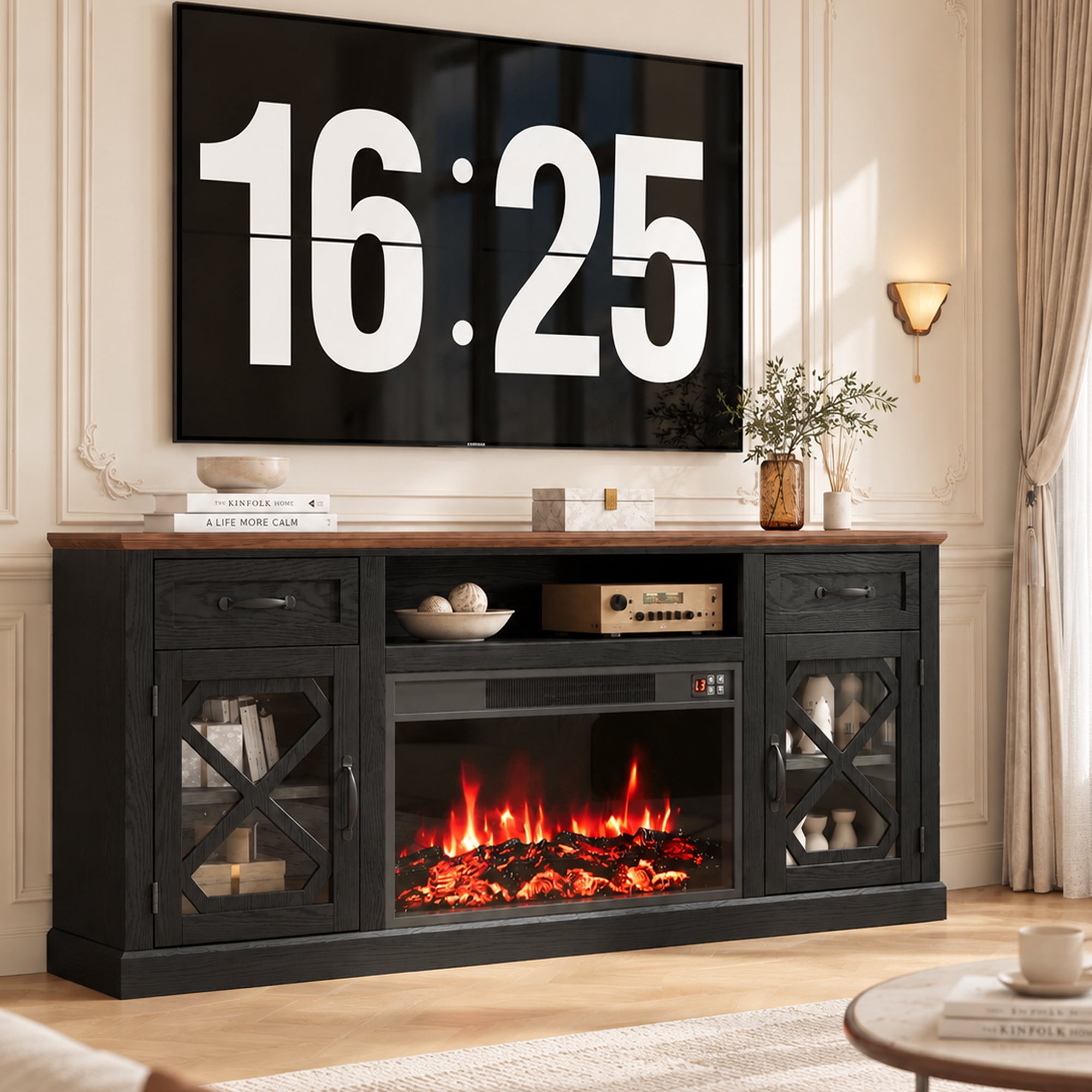 Ashley Furniture, Realyn TV Stand, 74, Brown with Fireplace Option