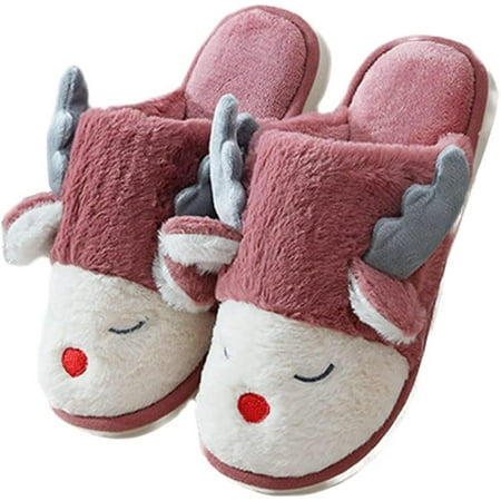

PIKADINGNIS Women s reindeer fleece plush slippers non slip indoor bedroom slippers elk animal slippers
