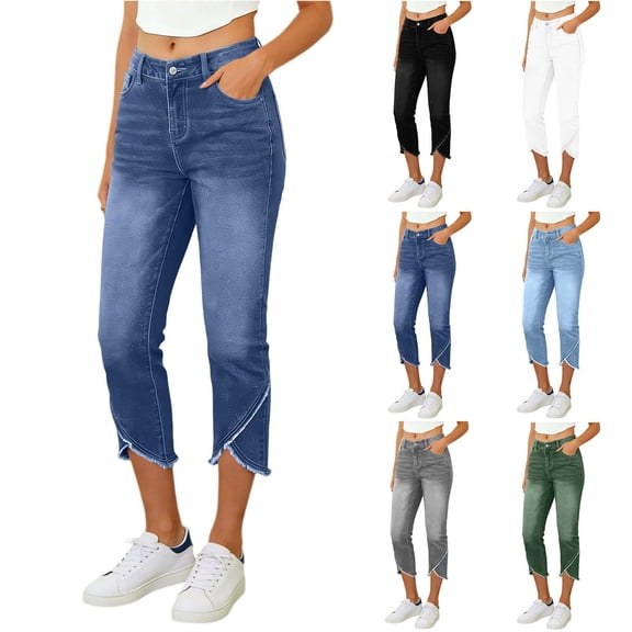 Hvogkswy Capri Jeans for Women Trendy High Waisted Skinny Stretchy Capris Button Zipper Closure Pockets Casual Summer Jeans