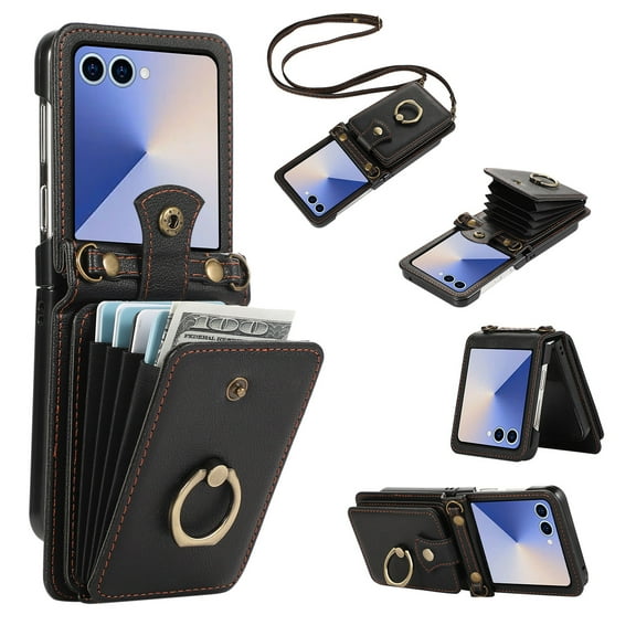 Asuwish Compatible with Samsung Galaxy Z Flip 7 5G 2025 Wallet Phone Case Ring Crossbody Strap Stand Credit Card Holder RFID Protective Cell Cover for ZFlip7 Z7 G Flip7 7Z Women Girls Black