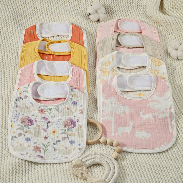 Gllquen Baby Muslin Cotton Drool Bibs Adjustable 8 Pack Soft Baby Bandana Bibs for Newborn Girls Boys Feeding Essentials, Blossom