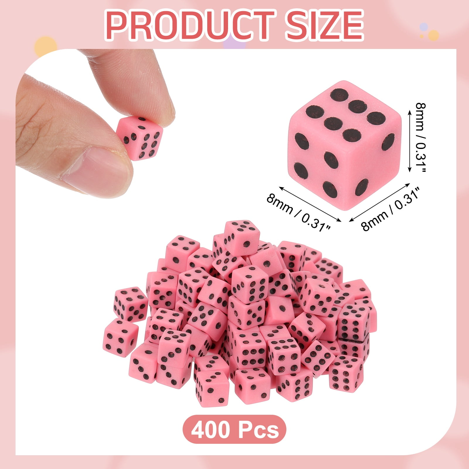 400Pack Mini Dice, 8mm/0.31" Acrylic Tiny Six Side Game Dot Square Dice Bulk for Table Board Game Party Activities, Pink/Black