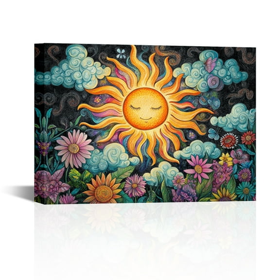 Sun Psychedelic Cavas Wall Art Mystic Floral Tapestry Hippie Boho Flower Plants Wall Vintage Aesthetic Wall Hanging for Bedroom 12x16Inch(Framed)
